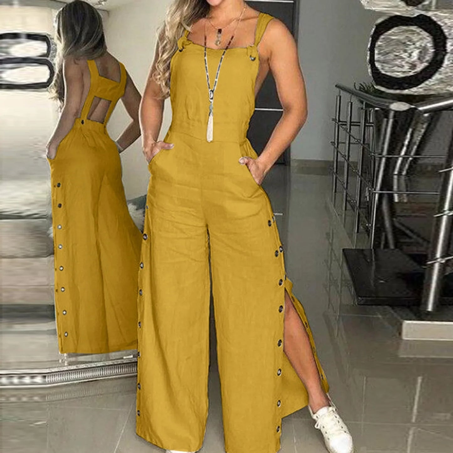Sommer Jumpsuit Weites Bein Knopf