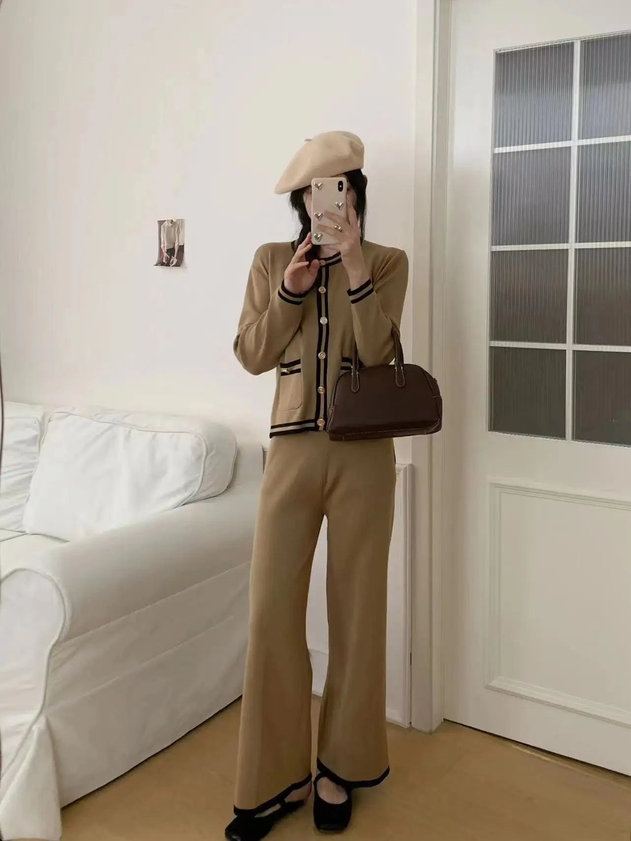 Strick-Cardigan + Hose mit weitem Bein, gestreift, lässig, 3-teiliges Set