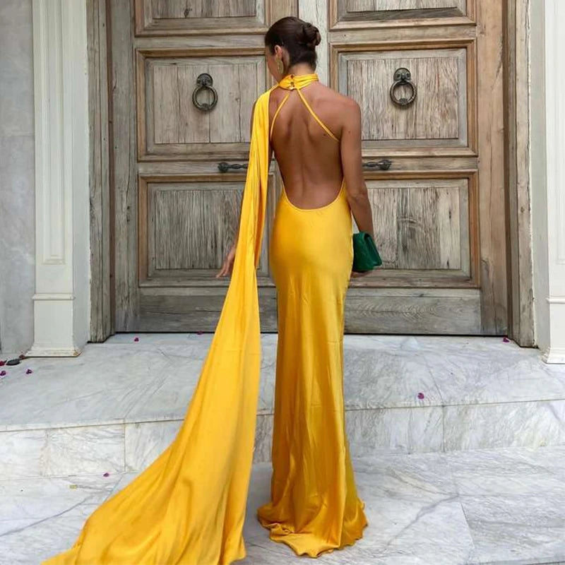 Elegant Satin Ribbons Halter Party Dress