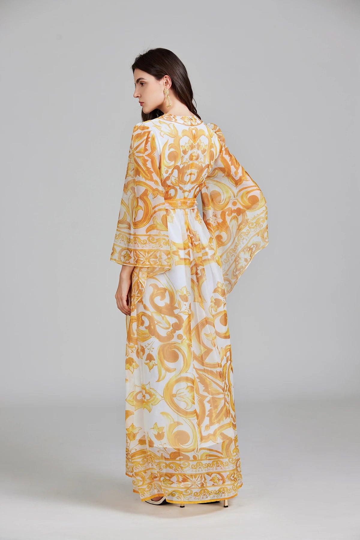 Golden White Porcelain Flower Print Lantern Sleeve