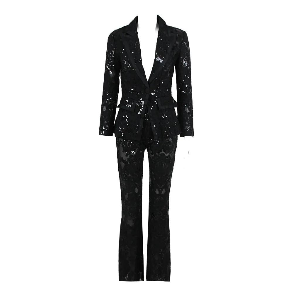 HIGH STREET Newest 2024 Designer Runway Suit Set Women's Single Button Guipure Lace Blazer Flare Pants Set