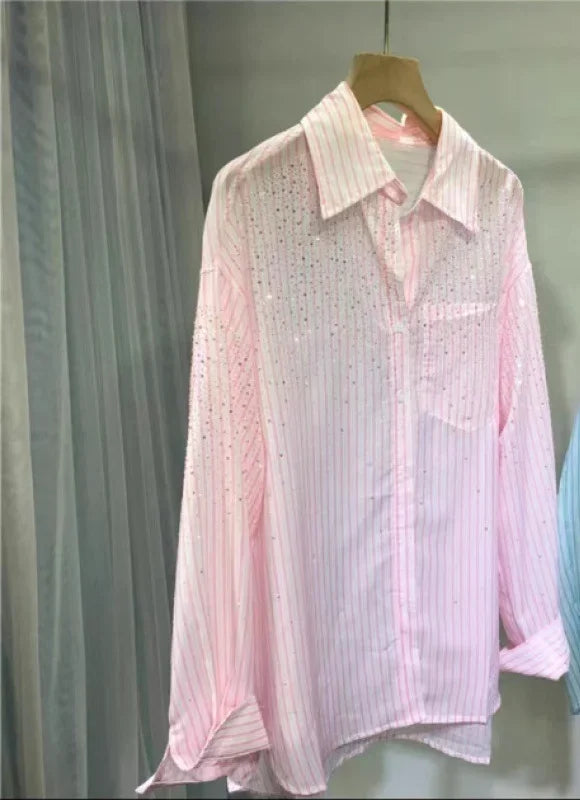 Lightweight Loose Stripes Rhinestone Shirt