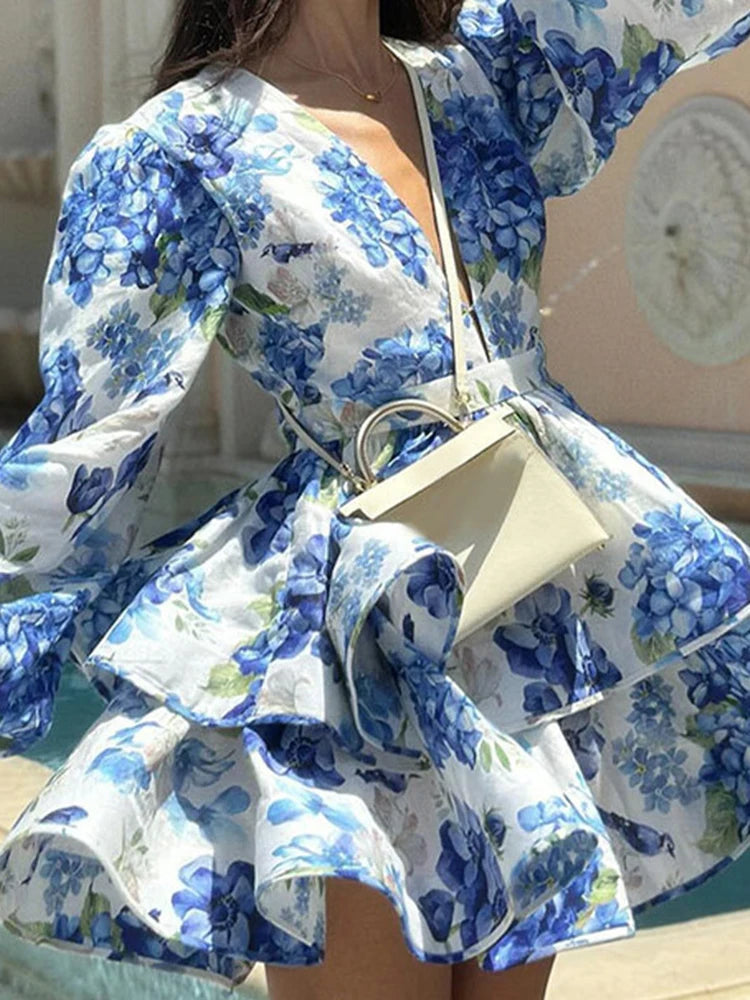 Floral Mini Dresses Ruffles Layered