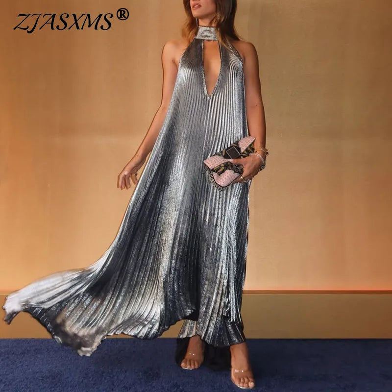 Silver Satin backless Pleated Irregular Dress