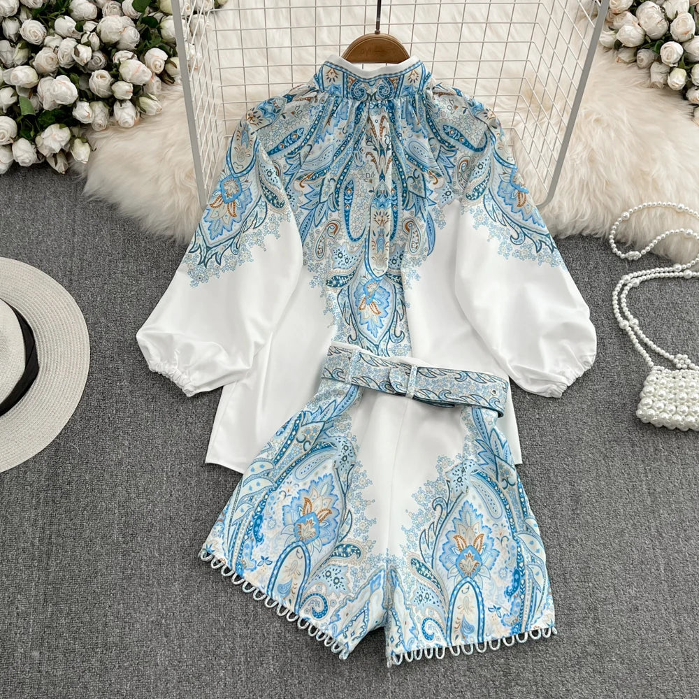 Stand Collar Wide Leg shorts Vintage Floral Summer Outfits