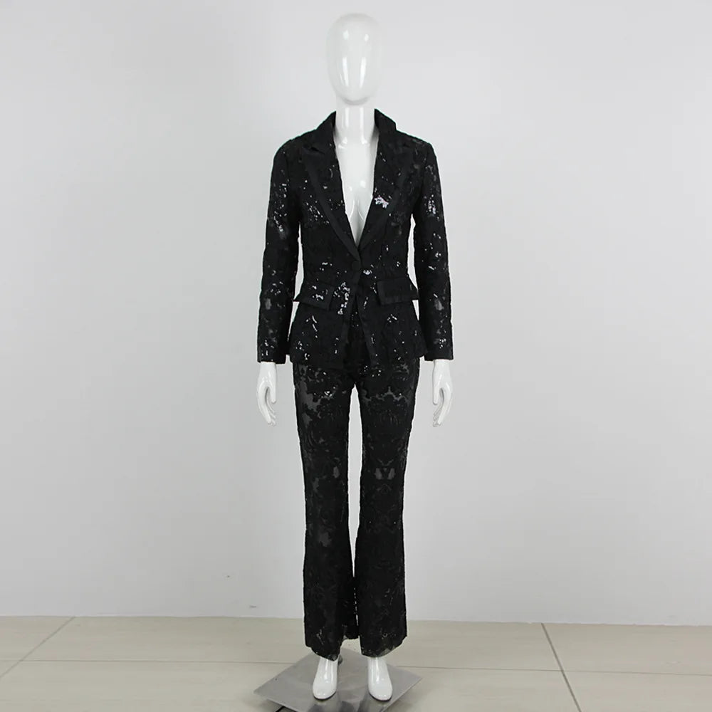 HIGH STREET Newest 2024 Designer Runway Suit Set Women's Single Button Guipure Lace Blazer Flare Pants Set