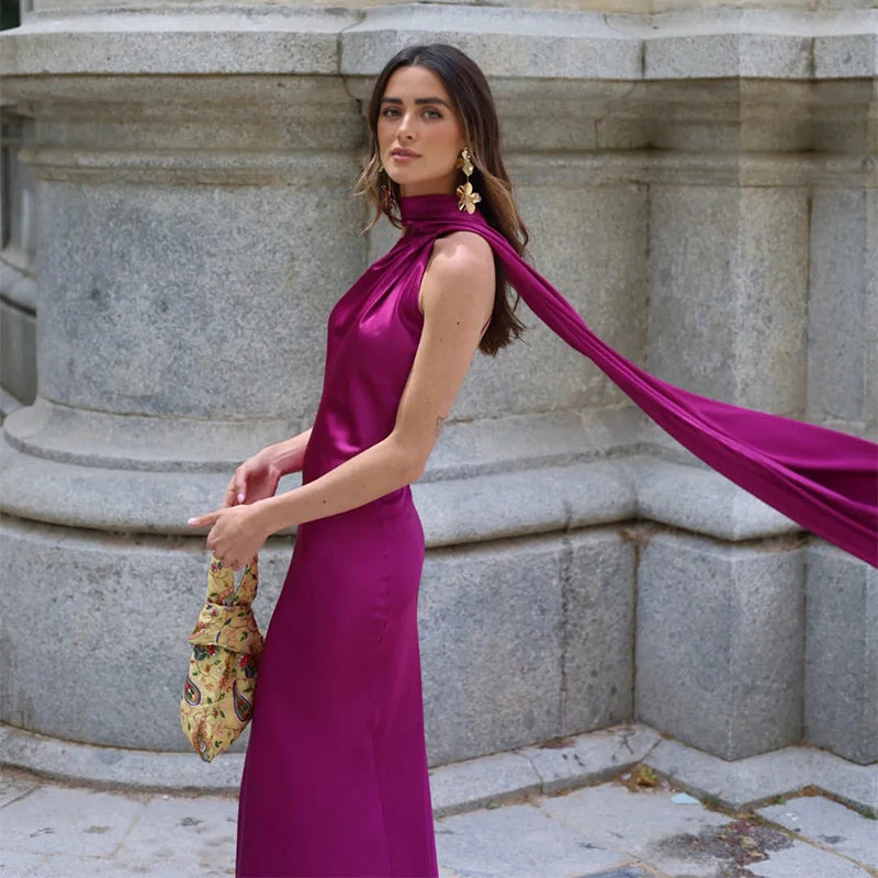 Elegant Satin Ribbons Halter Party Dress
