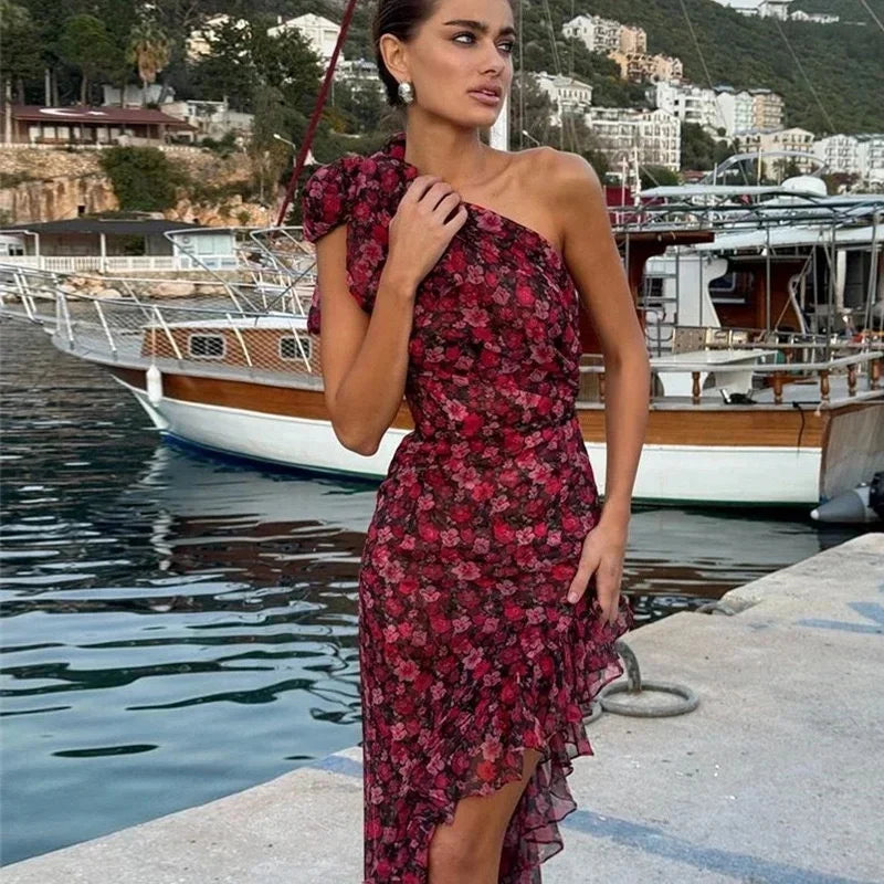 Floral One-Shoulder Chiffon Asymmetrical dress