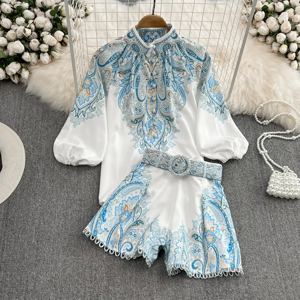Stand Collar Wide Leg shorts Vintage Floral Summer Outfits