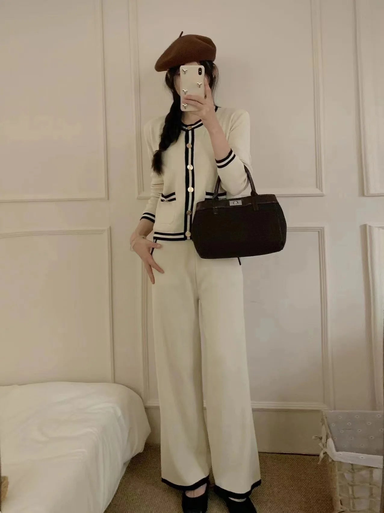 Strick-Cardigan + Hose mit weitem Bein, gestreift, lässig, 3-teiliges Set