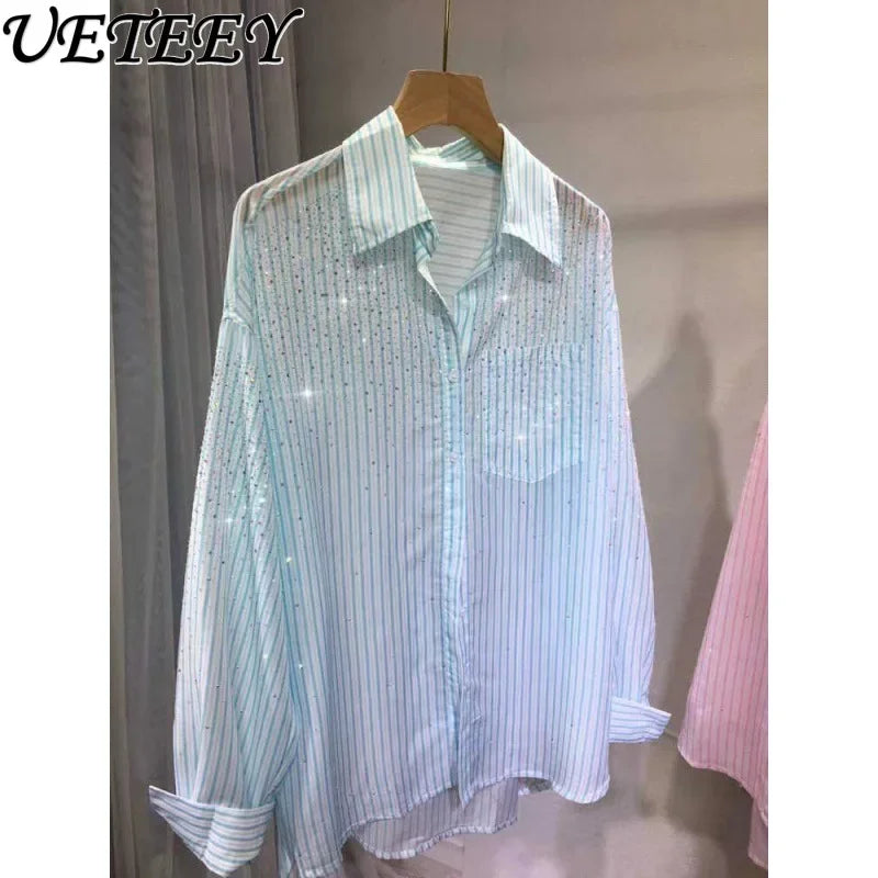 Lightweight Loose Stripes Rhinestone Shirt