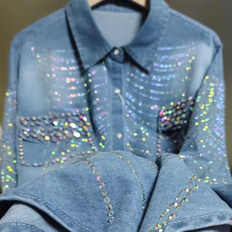 New In Autumn Sparkle Diamonds Mid-length Denim Shirts & Blouses For Women's Fashion Trend 2024 Tops Blusas Woman Clothes