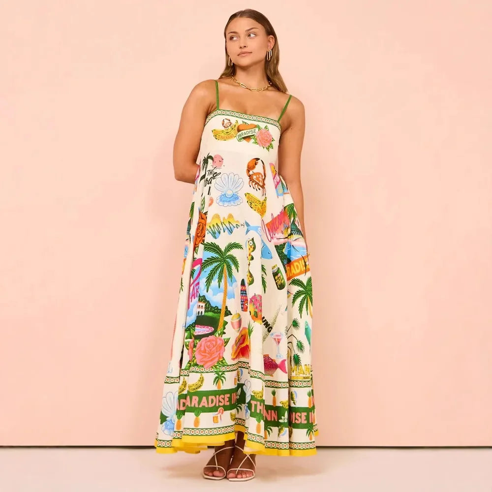 Paradise Graffiti Print Linen Dress