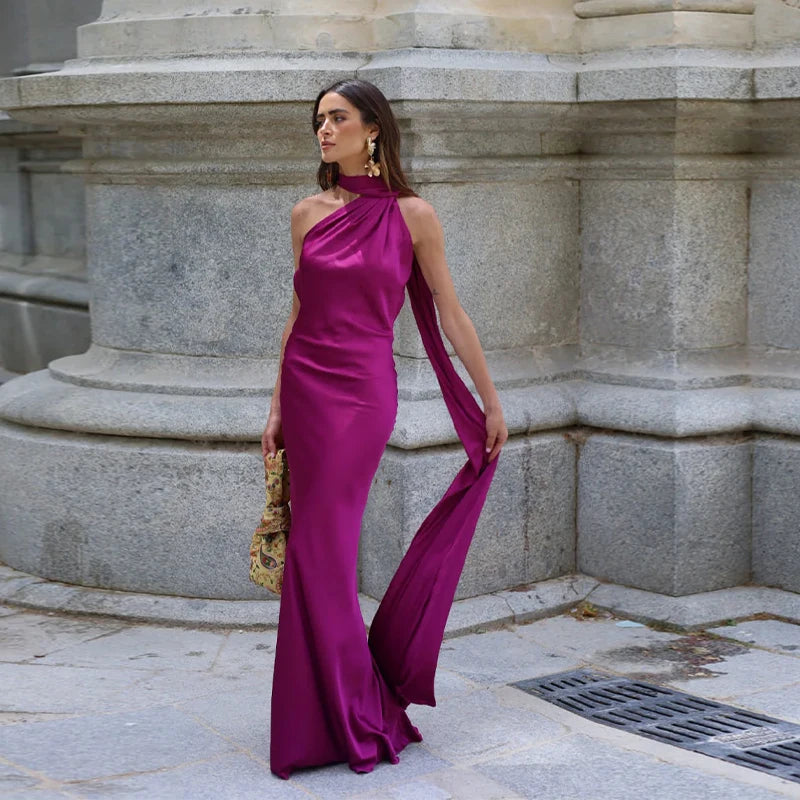 Elegant Satin Ribbons Halter Party Dress