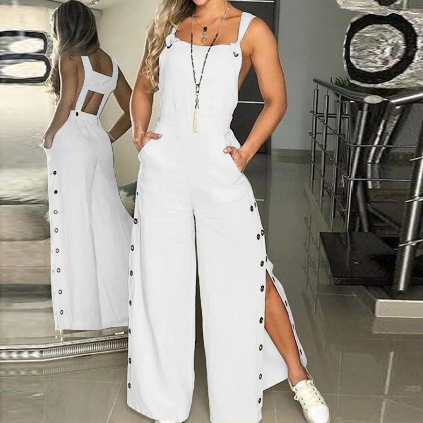 Sommer Jumpsuit Weites Bein Knopf
