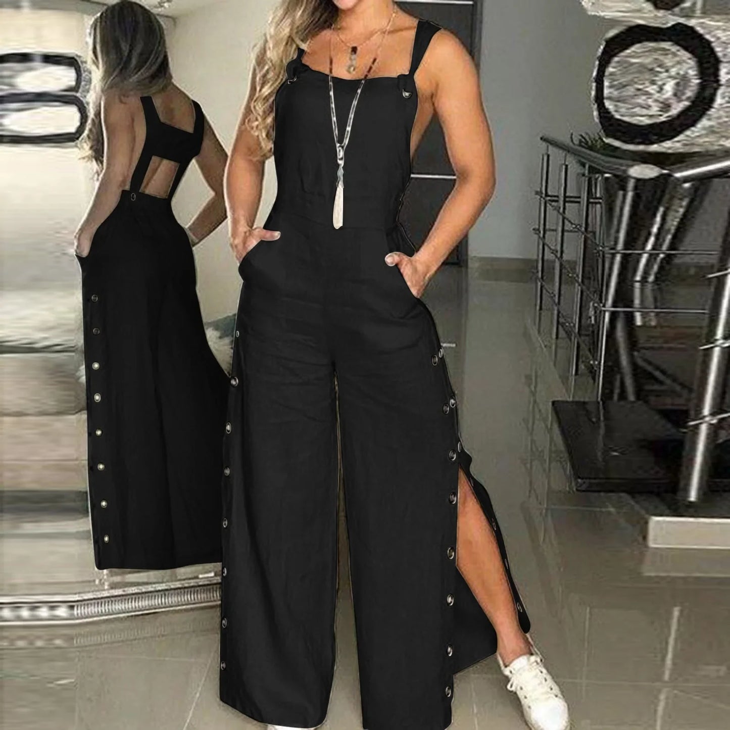 Sommer Jumpsuit Weites Bein Knopf