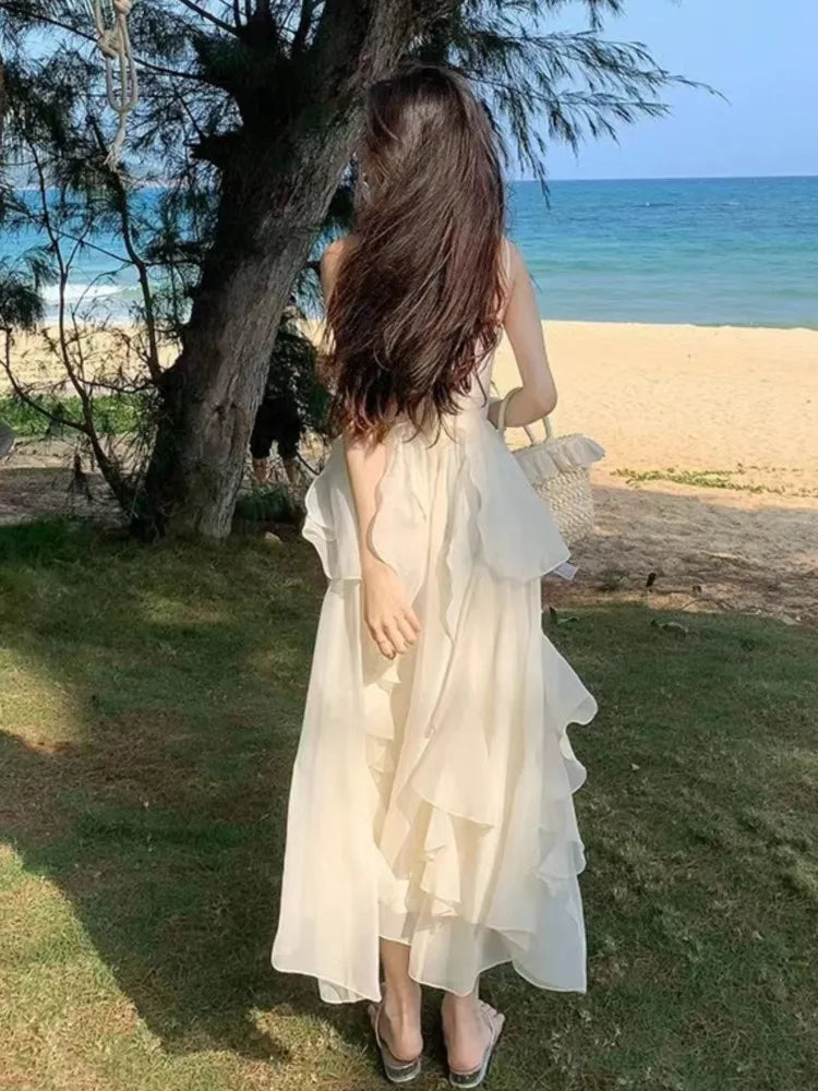 Elegantes unregelmäßiges Rüschen-Midikleid, Resort-Kleid, Strand