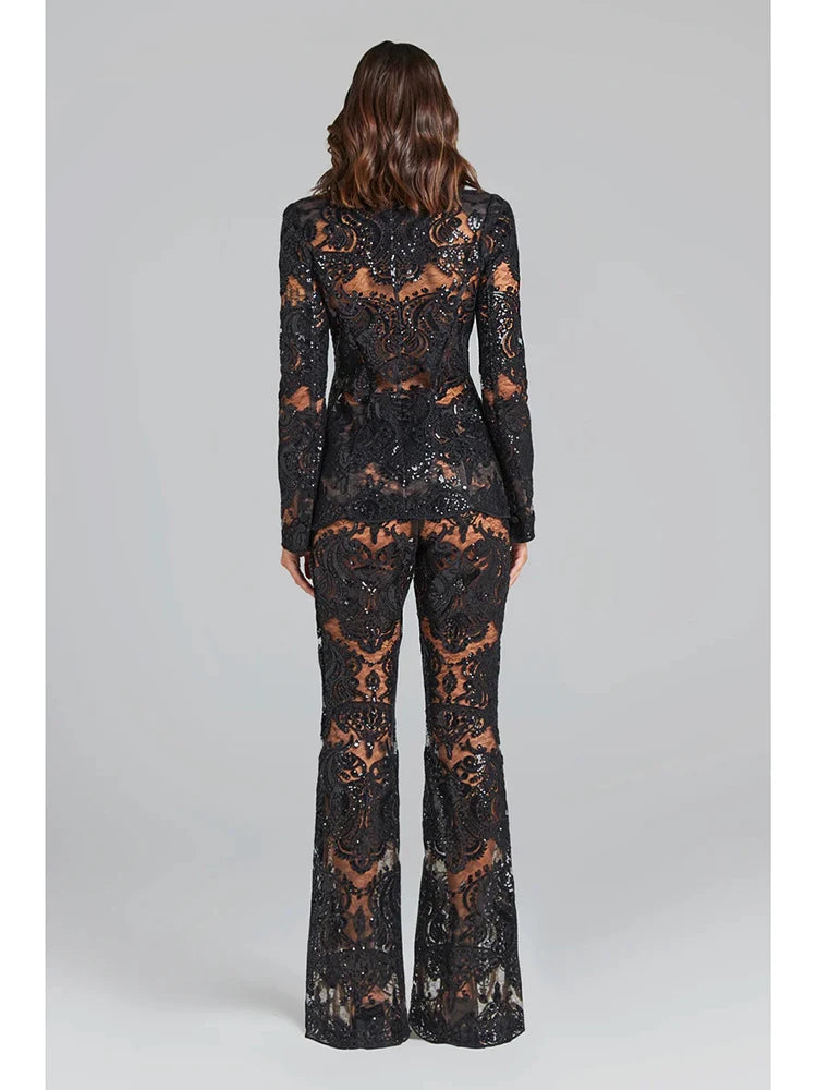 HIGH STREET Newest 2024 Designer Runway Suit Set Women's Single Button Guipure Lace Blazer Flare Pants Set