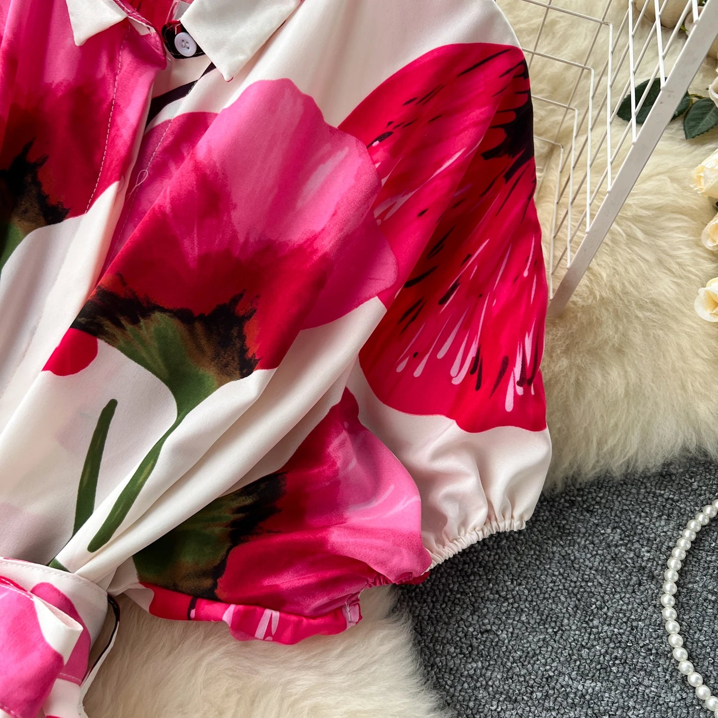 Vintage Satin Floral Pink Red