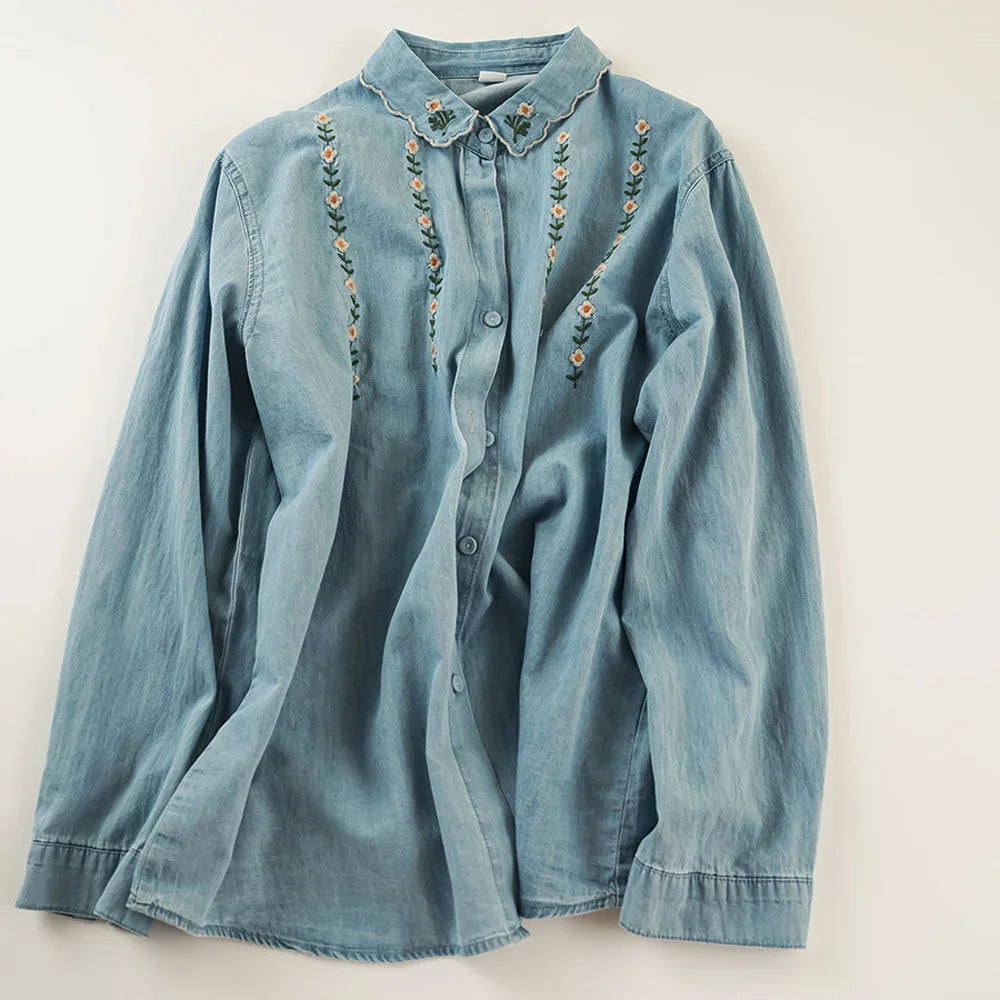 Embroidered denim designer shirts blouses