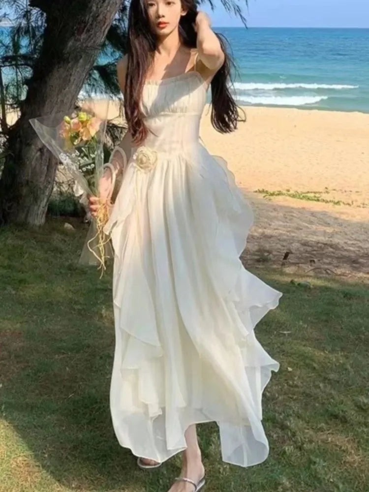 Elegantes unregelmäßiges Rüschen-Midikleid, Resort-Kleid, Strand