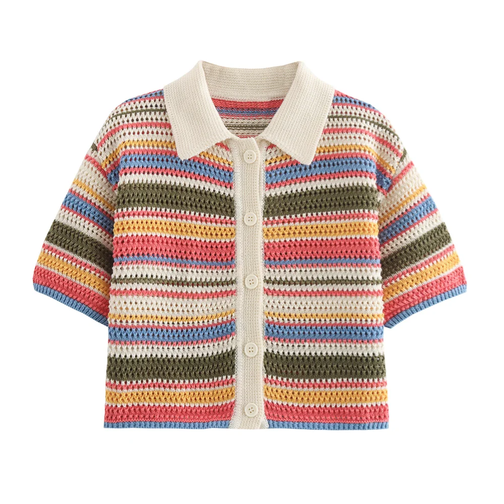 POLO collar short knitted striped shorts set