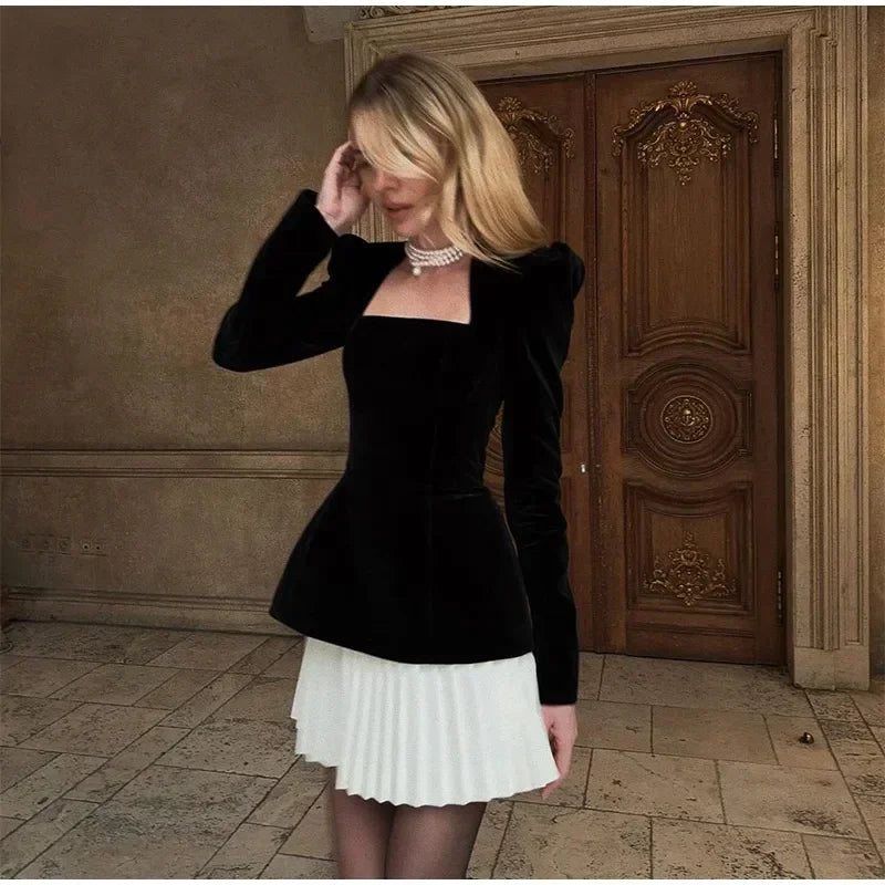 Pleated Velvet Black Fashion Mini Dress Elegant Square Neck Shoulder Contrasting Hem Midi Dresses Lady Evening Party Vestido