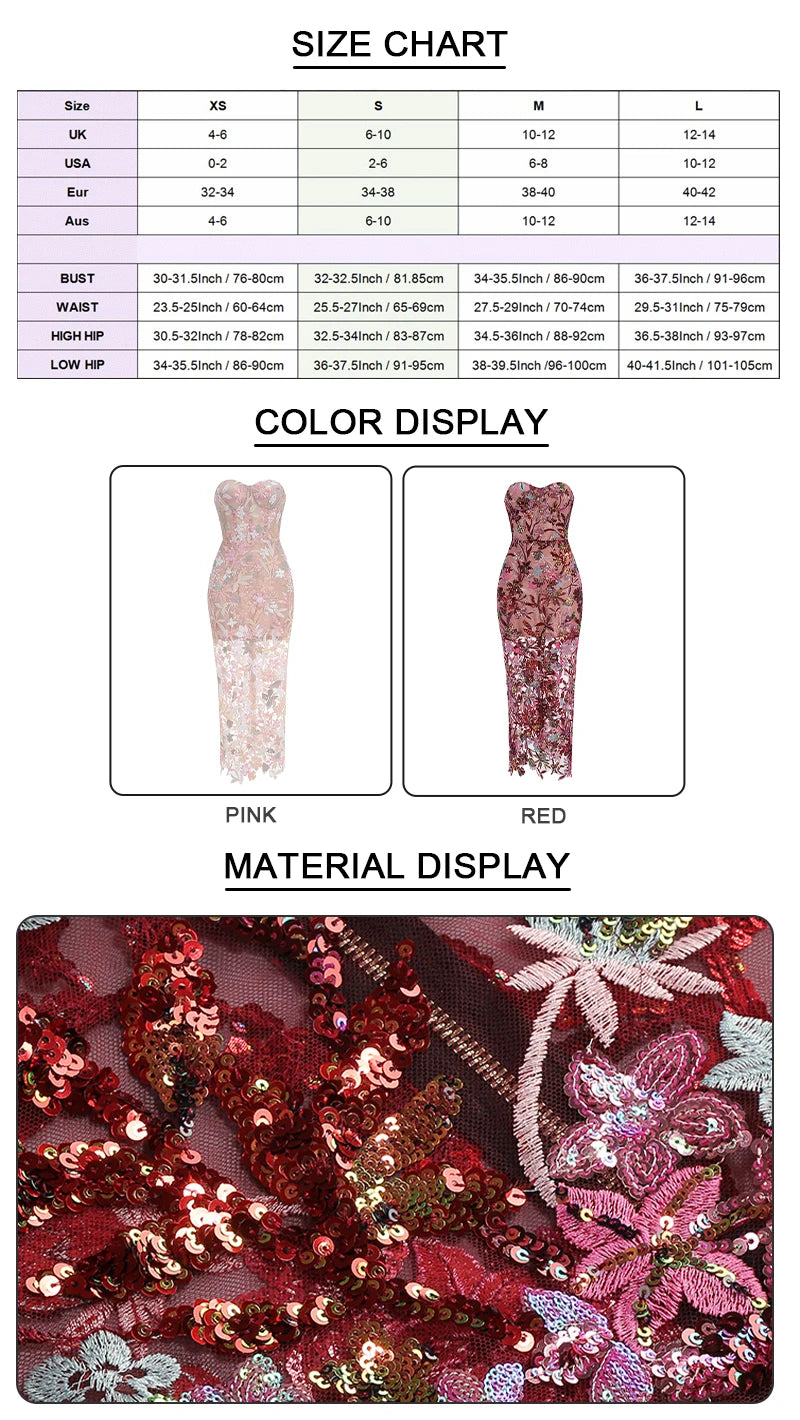 VC Floral Embroidery Sequins Long Dress Strapless Mesh