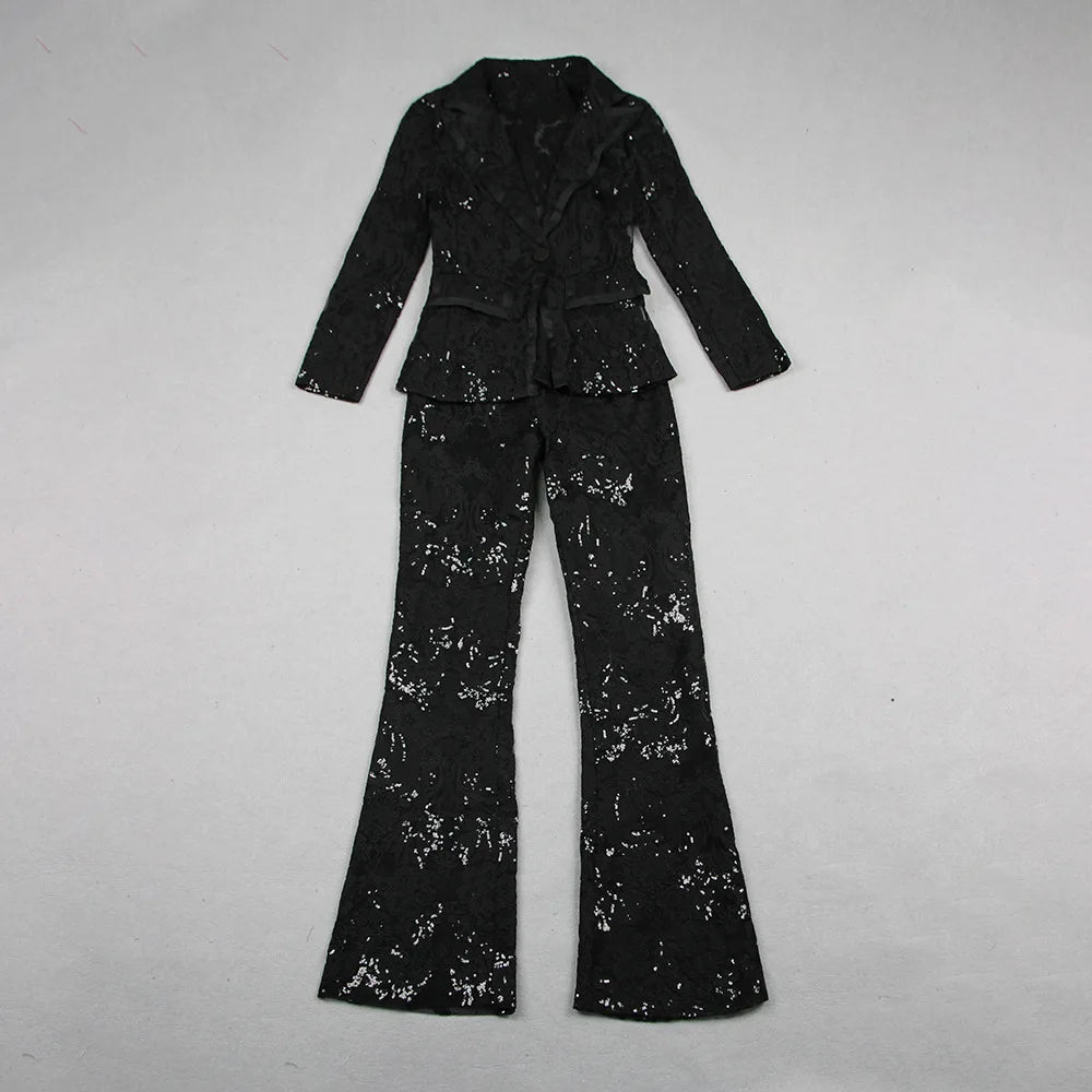 HIGH STREET Newest 2024 Designer Runway Suit Set Women's Single Button Guipure Lace Blazer Flare Pants Set