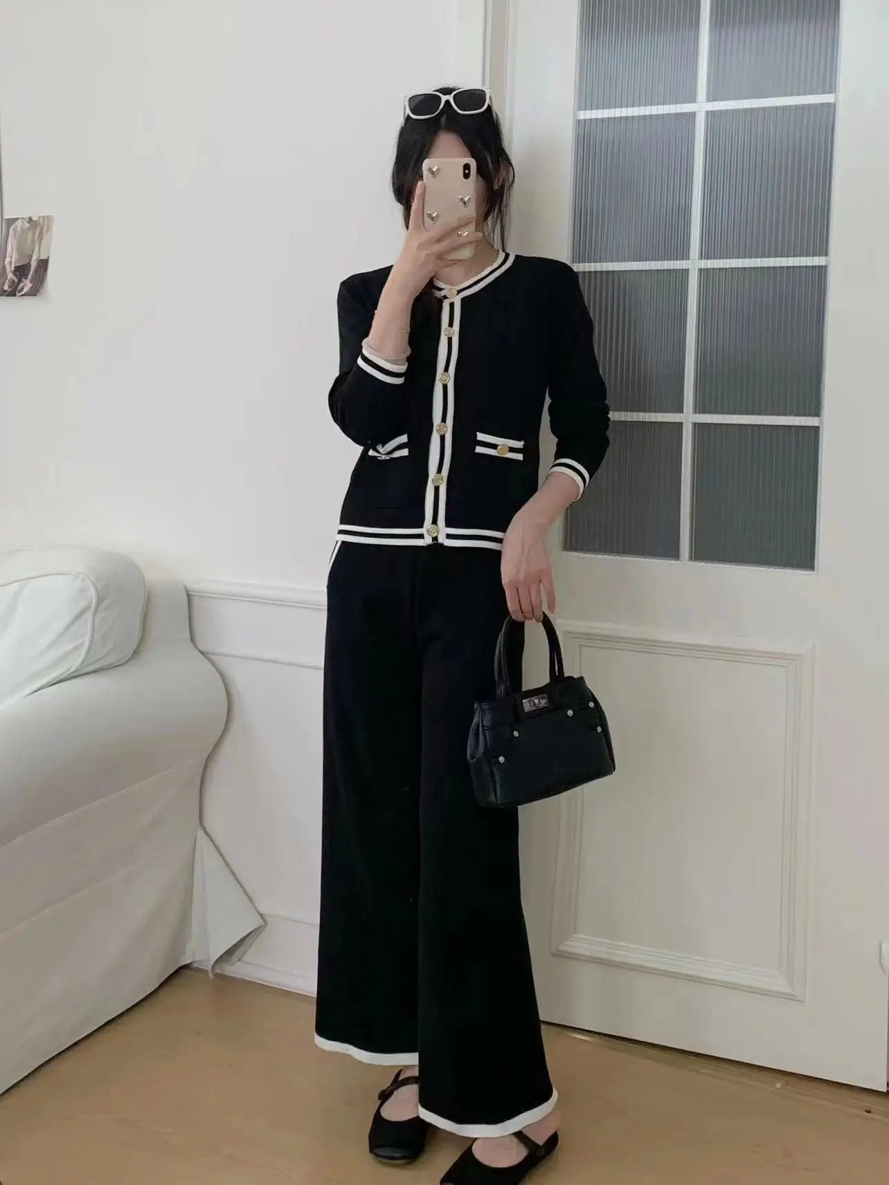 Strick-Cardigan + Hose mit weitem Bein, gestreift, lässig, 3-teiliges Set