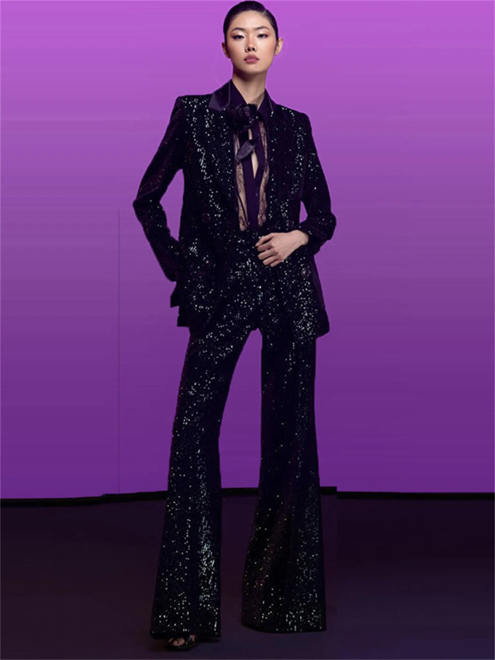 Glitzerndes 2-teiliges Anzug-Set, Smoking, zweireihiger Blazer mit weit geschnittener Hose