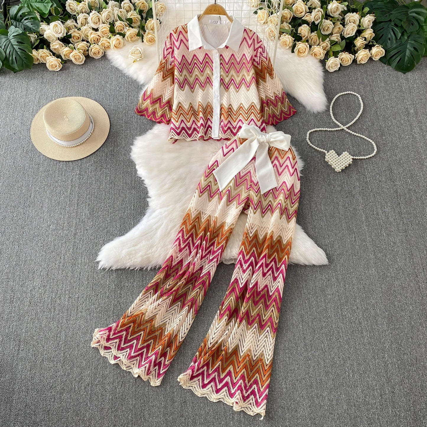 Retro Hollow out Wave Knit Set