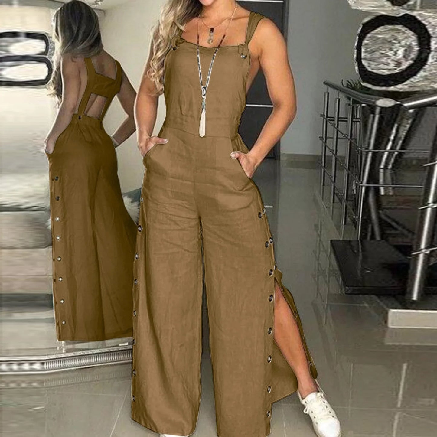 Sommer Jumpsuit Weites Bein Knopf
