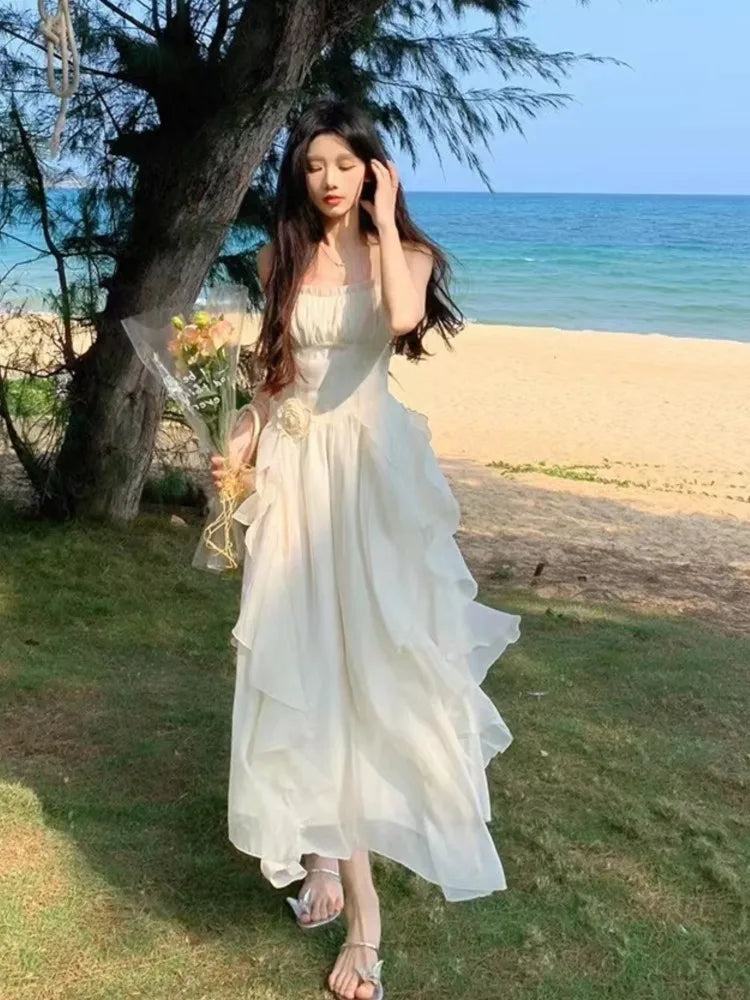 Elegantes unregelmäßiges Rüschen-Midikleid, Resort-Kleid, Strand