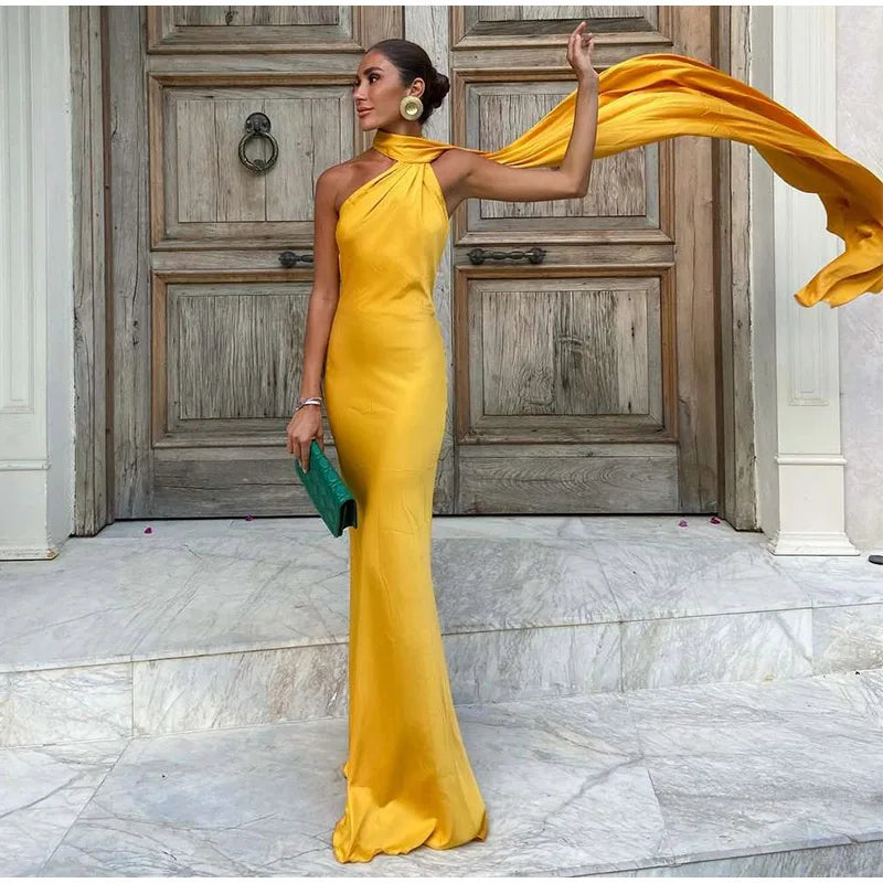 Elegant Satin Ribbons Halter Party Dress