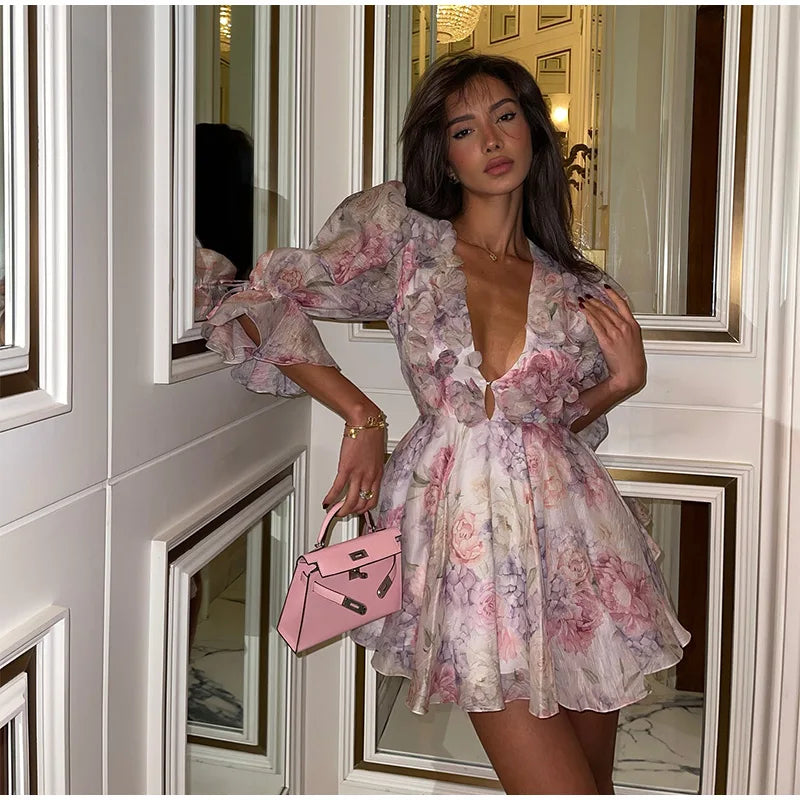 Chic Floral Puff Ruffle Dress