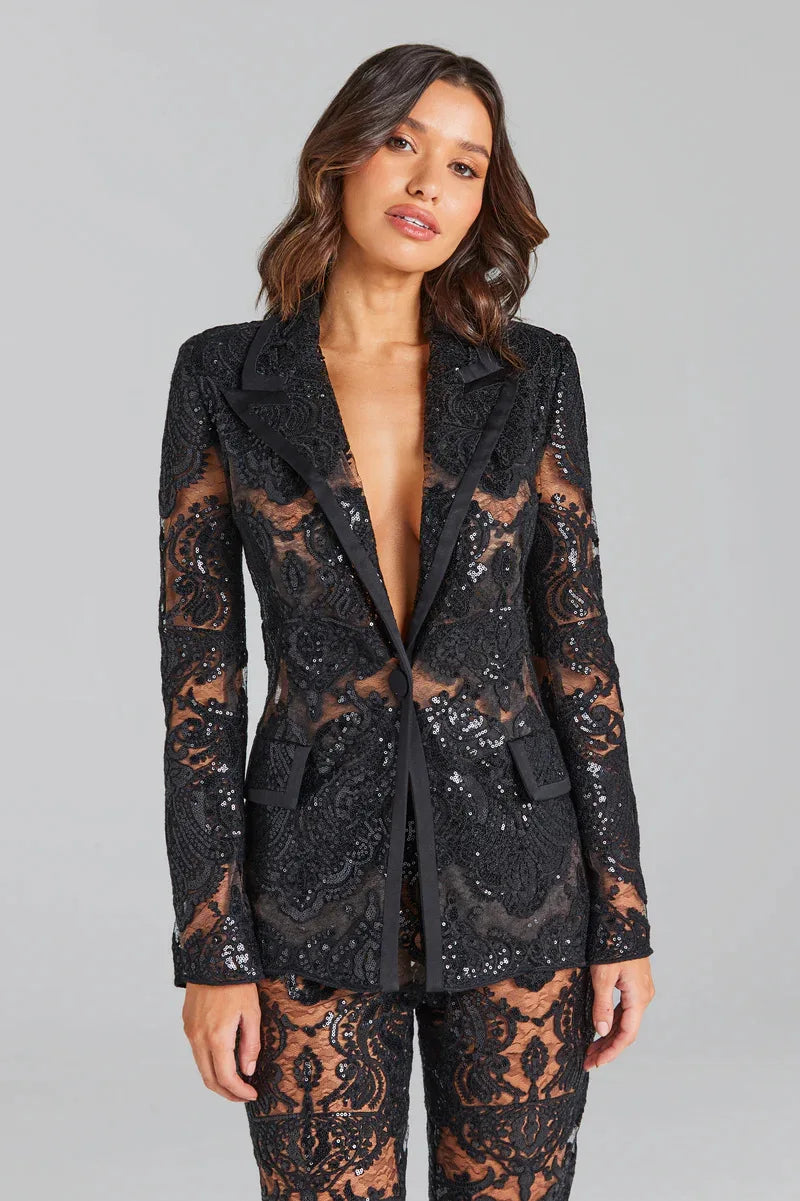 HIGH STREET Newest 2024 Designer Runway Suit Set Women's Single Button Guipure Lace Blazer Flare Pants Set