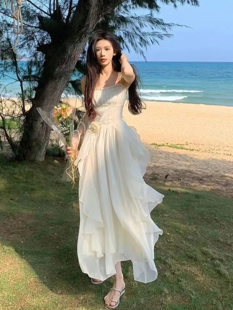Elegantes unregelmäßiges Rüschen-Midikleid, Resort-Kleid, Strand