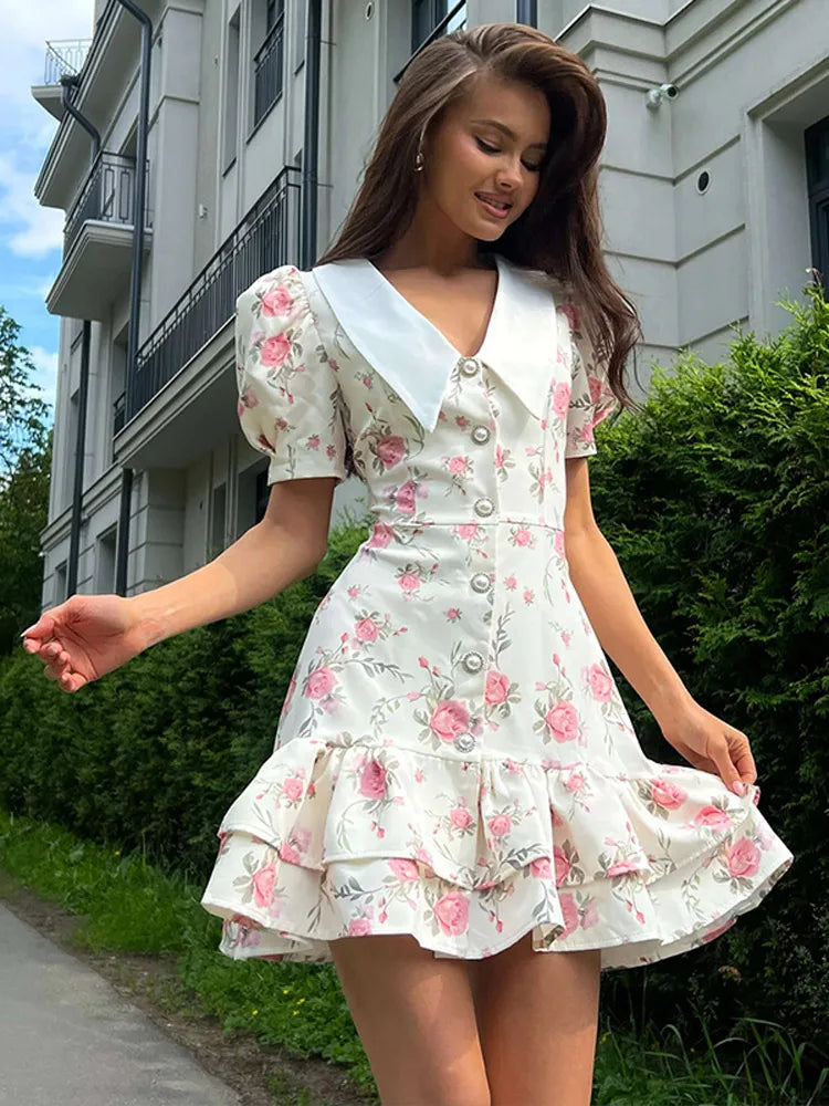 Chic Floral Puff Ruffle Dress