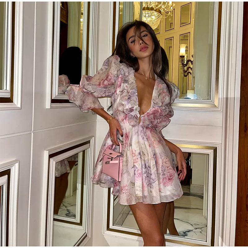 Chic Floral Puff Ruffle Dress