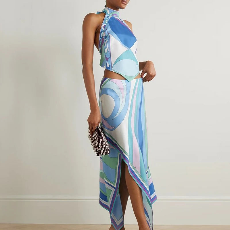 Satin Print Irregular Two Piece Sets