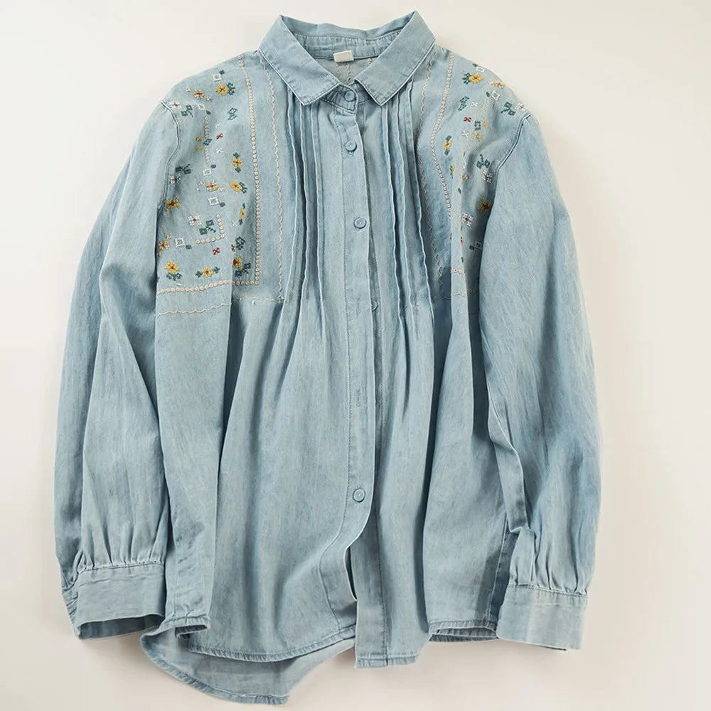 Embroidered denim designer shirts blouses