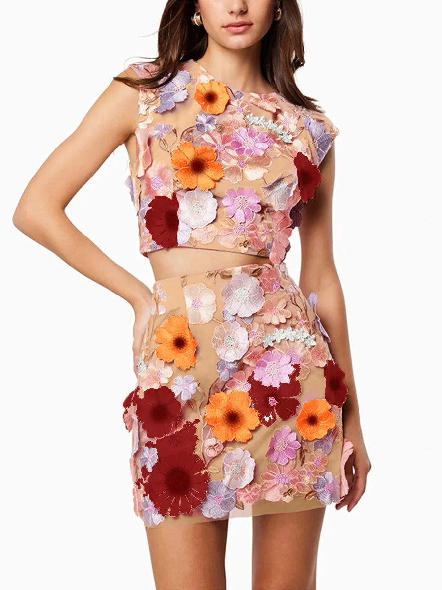 3D flowers Crop Top & Skirt