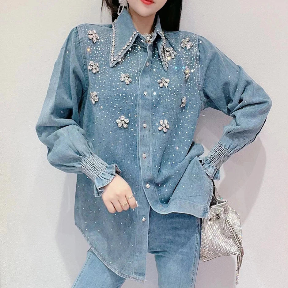 Chic Diamonds Beaded Denim shirt