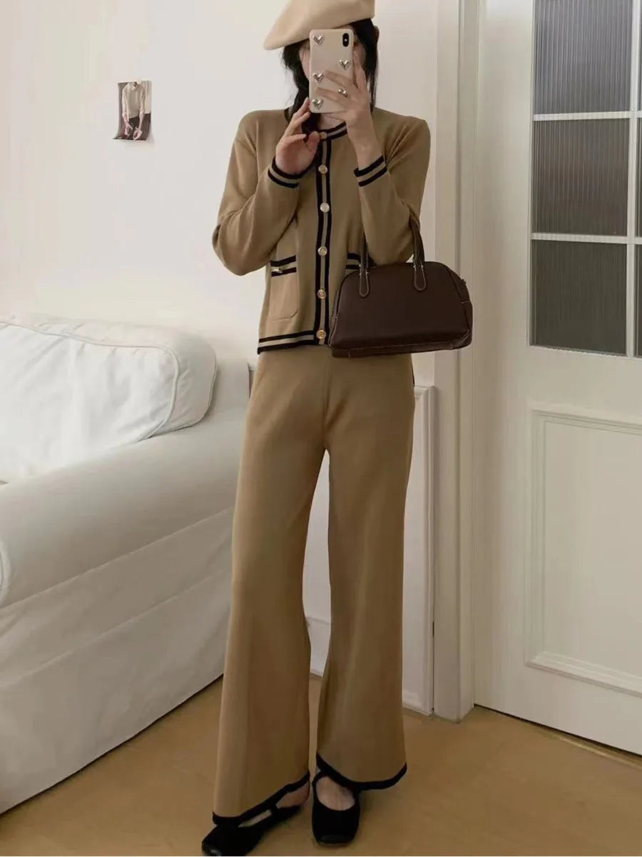 Strick-Cardigan + Hose mit weitem Bein, gestreift, lässig, 3-teiliges Set