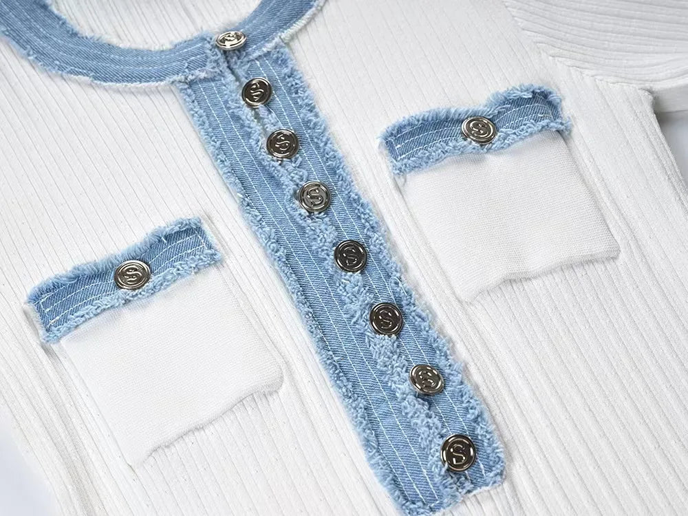 Elegant Denim Patchwork Knitted Long Dress