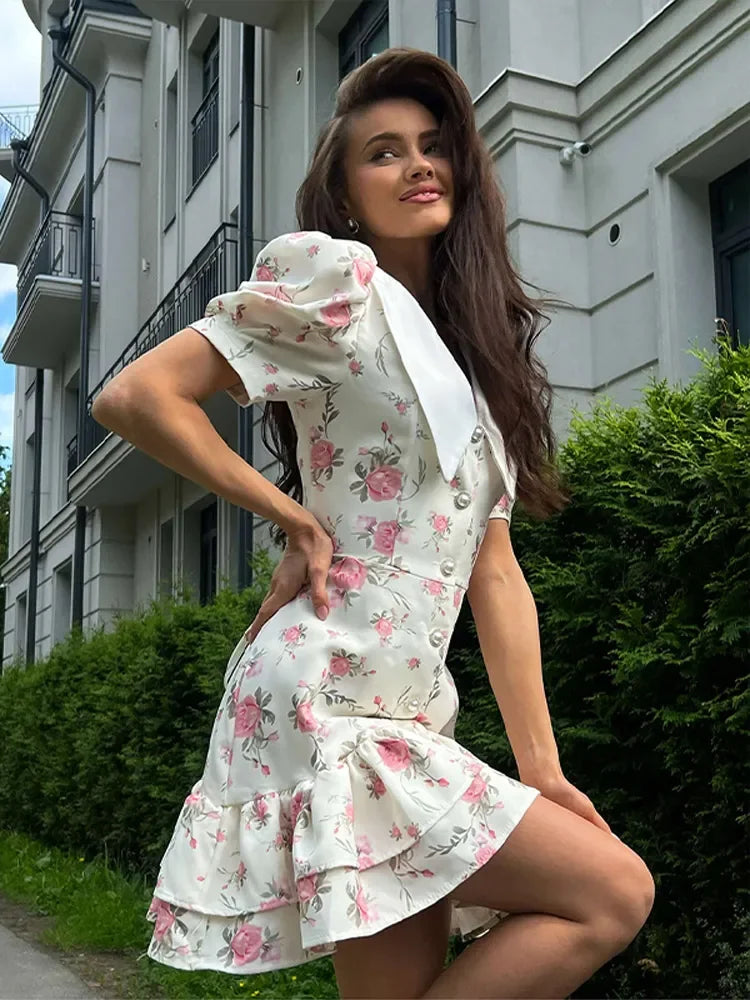 Chic Floral Puff Ruffle Dress