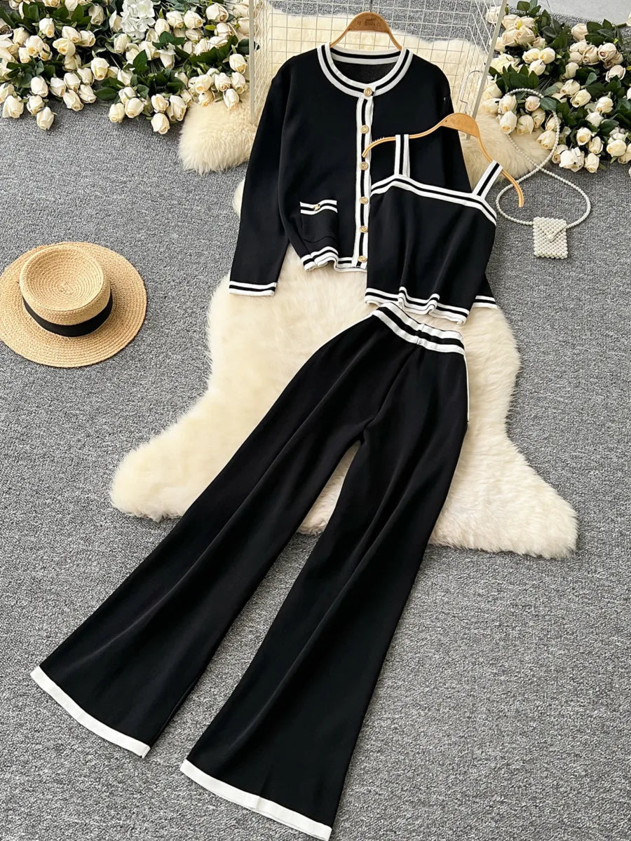 Strick-Cardigan + Hose mit weitem Bein, gestreift, lässig, 3-teiliges Set