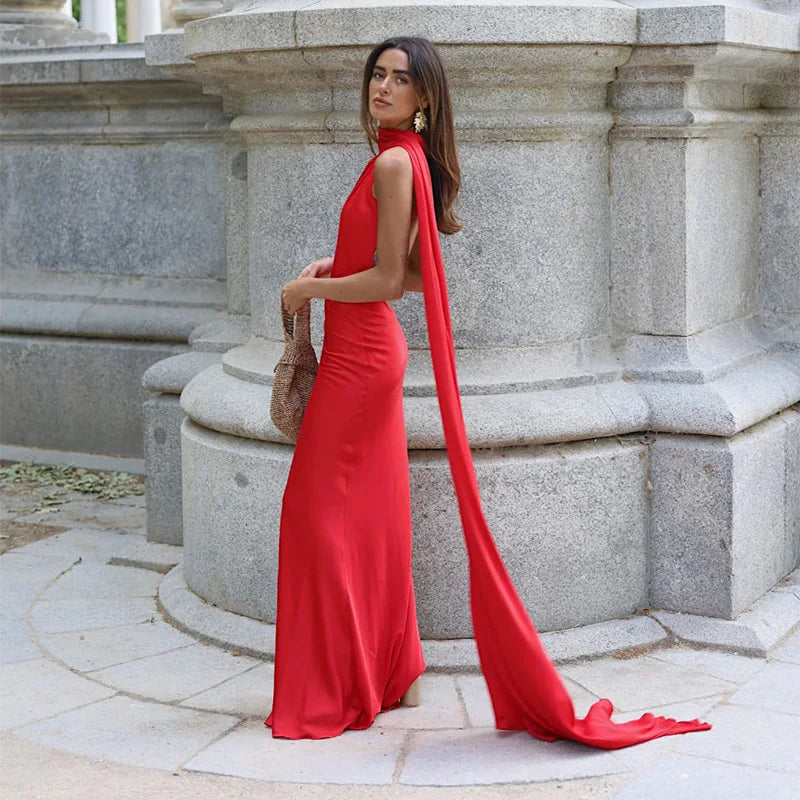 Elegant Satin Ribbons Halter Party Dress