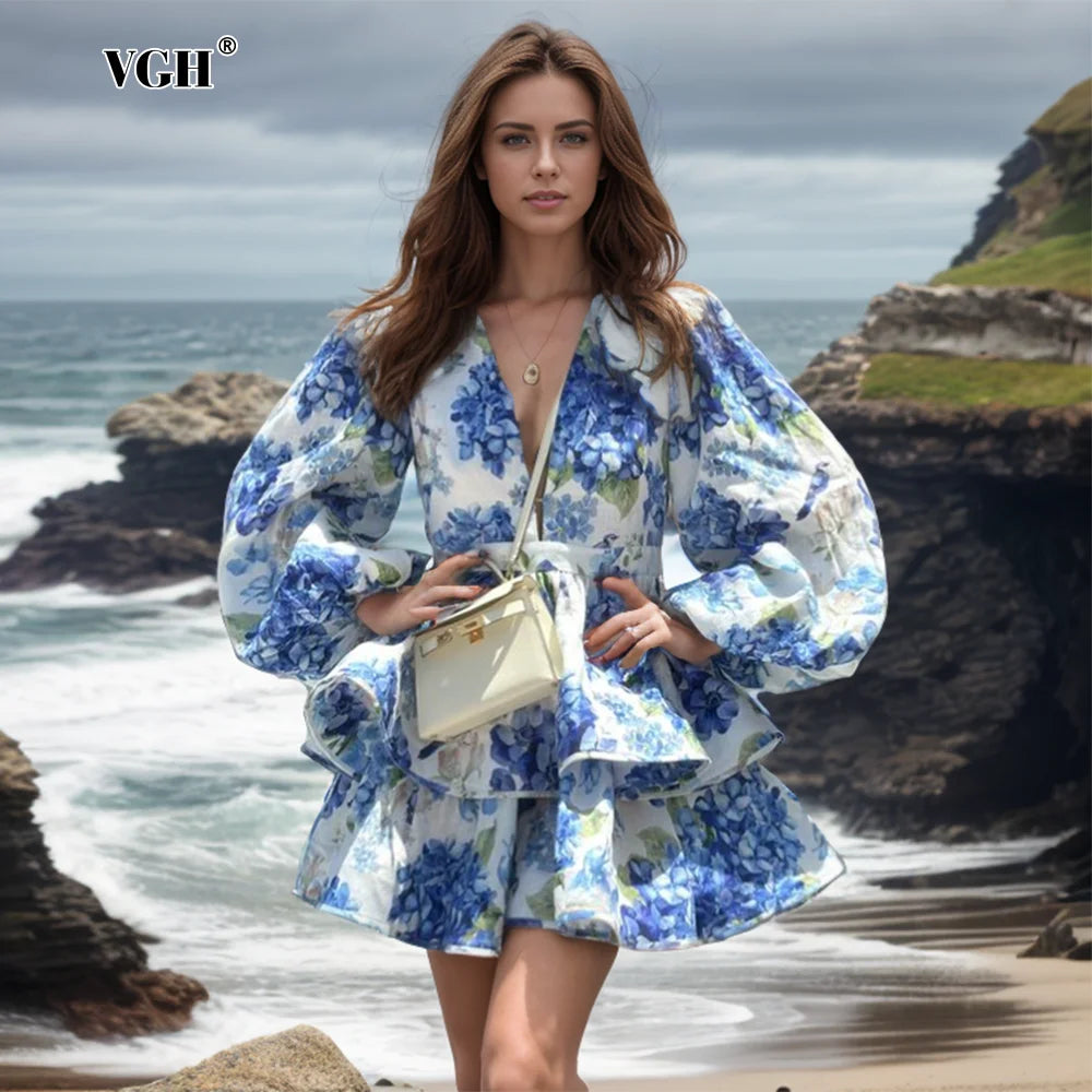 Floral Mini Dresses Ruffles Layered